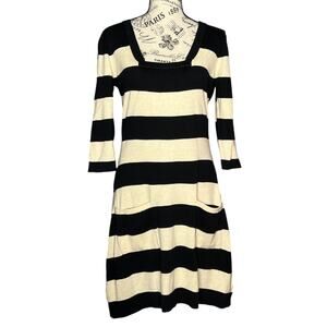 Pink Rose (M) Square Neck 1/2 Sleeve Sweater Dress Wide Stripe Two Pocket